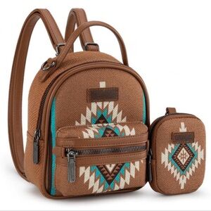 NEW Wrangler Southwestern Knitted Mini Backpack With Coin Pouch in Brown